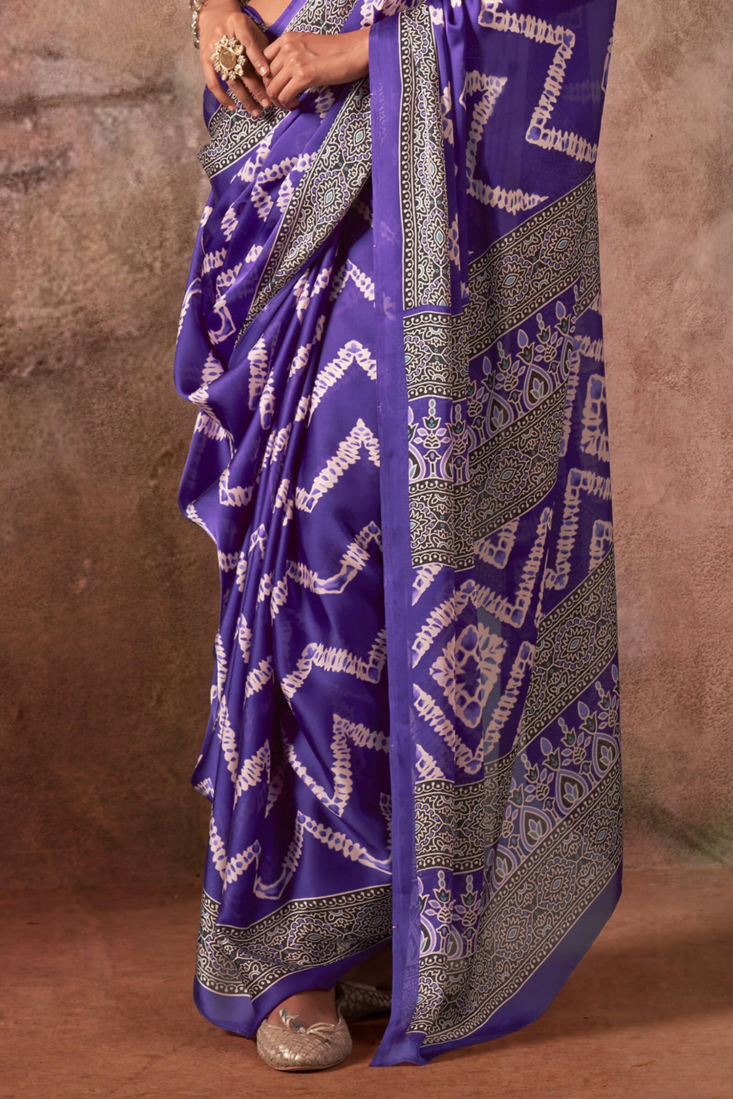 Innovative Violet Ajrakh Printed Satin Silk Saree With Exquisite Blouse Piece