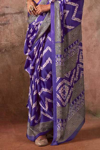Innovative Violet Ajrakh Printed Satin Silk Saree With Exquisite Blouse Piece