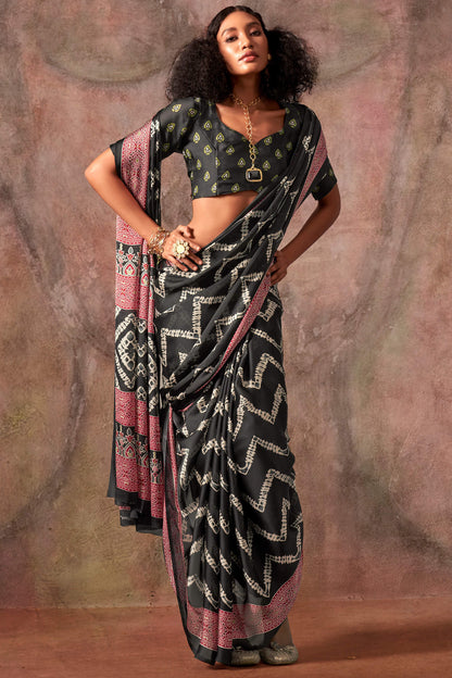 Comely Black Ajrakh Printed Satin Silk Saree With Demanding Blouse Piece