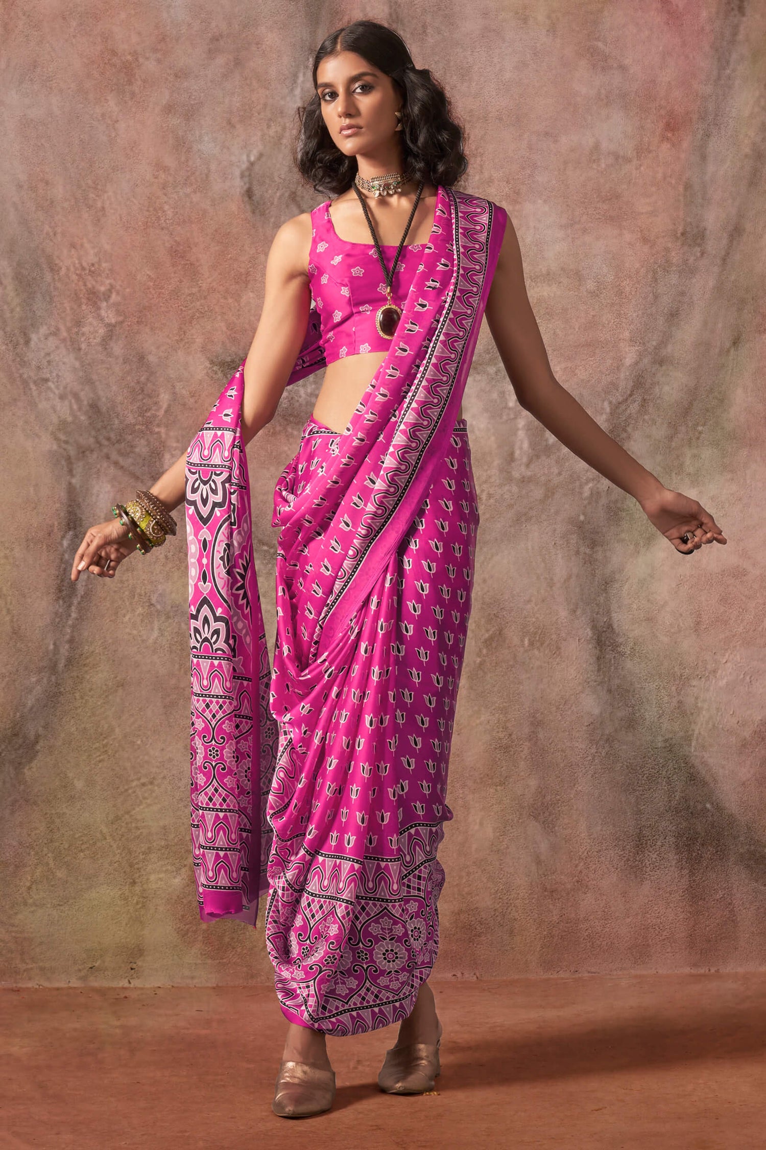 Assemblage Dark Pink Ajrakh Printed Satin Silk Saree With Sophisticated Blouse Piece