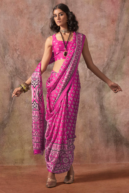Assemblage Dark Pink Ajrakh Printed Satin Silk Saree With Sophisticated Blouse Piece