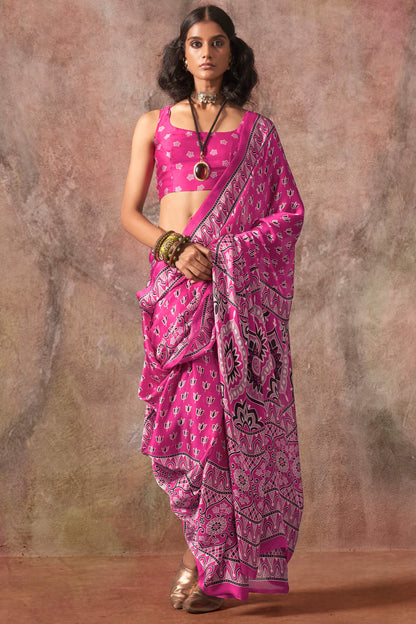 Assemblage Dark Pink Ajrakh Printed Satin Silk Saree With Sophisticated Blouse Piece