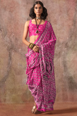 Assemblage Dark Pink Ajrakh Printed Satin Silk Saree With Sophisticated Blouse Piece