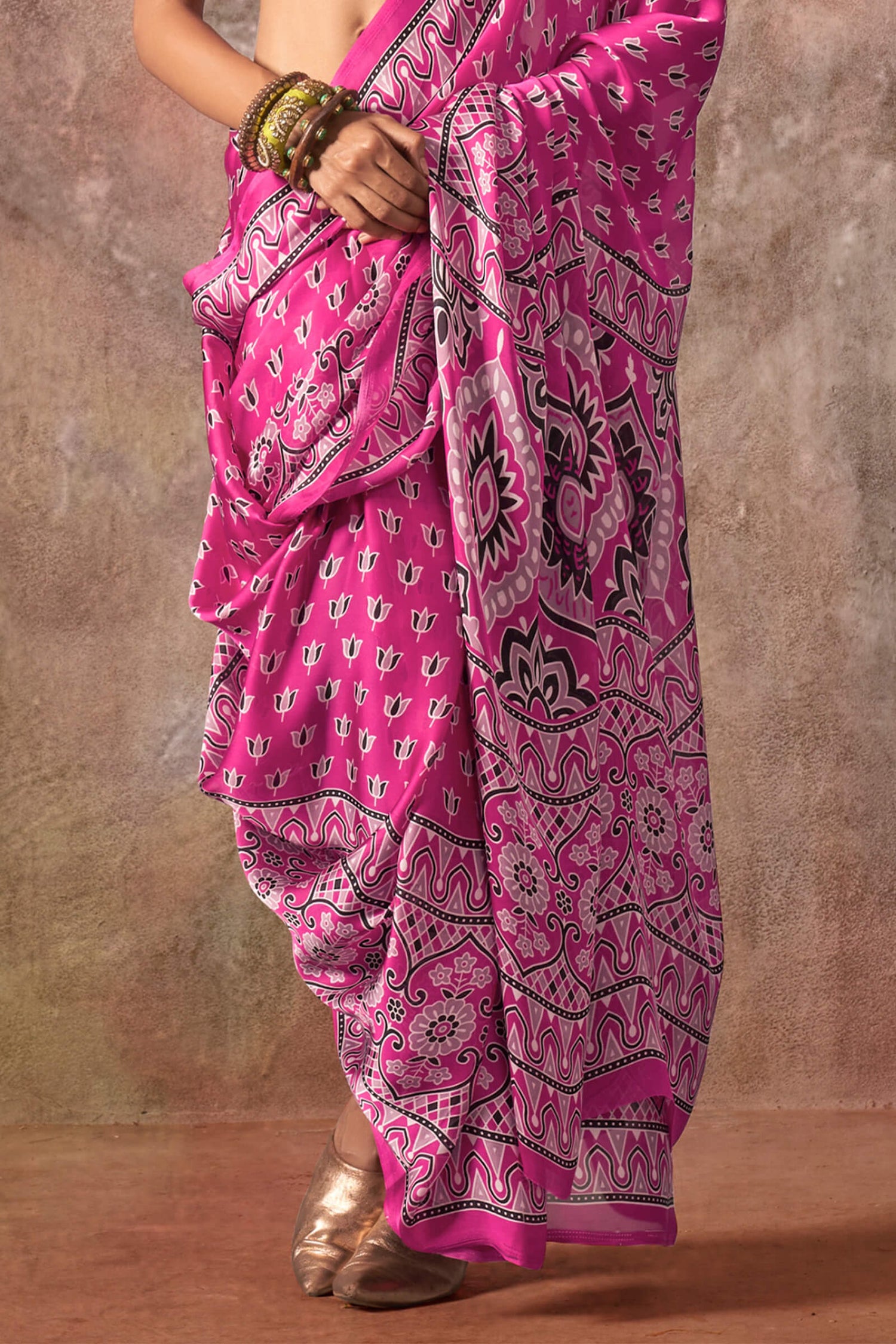 Assemblage Dark Pink Ajrakh Printed Satin Silk Saree With Sophisticated Blouse Piece