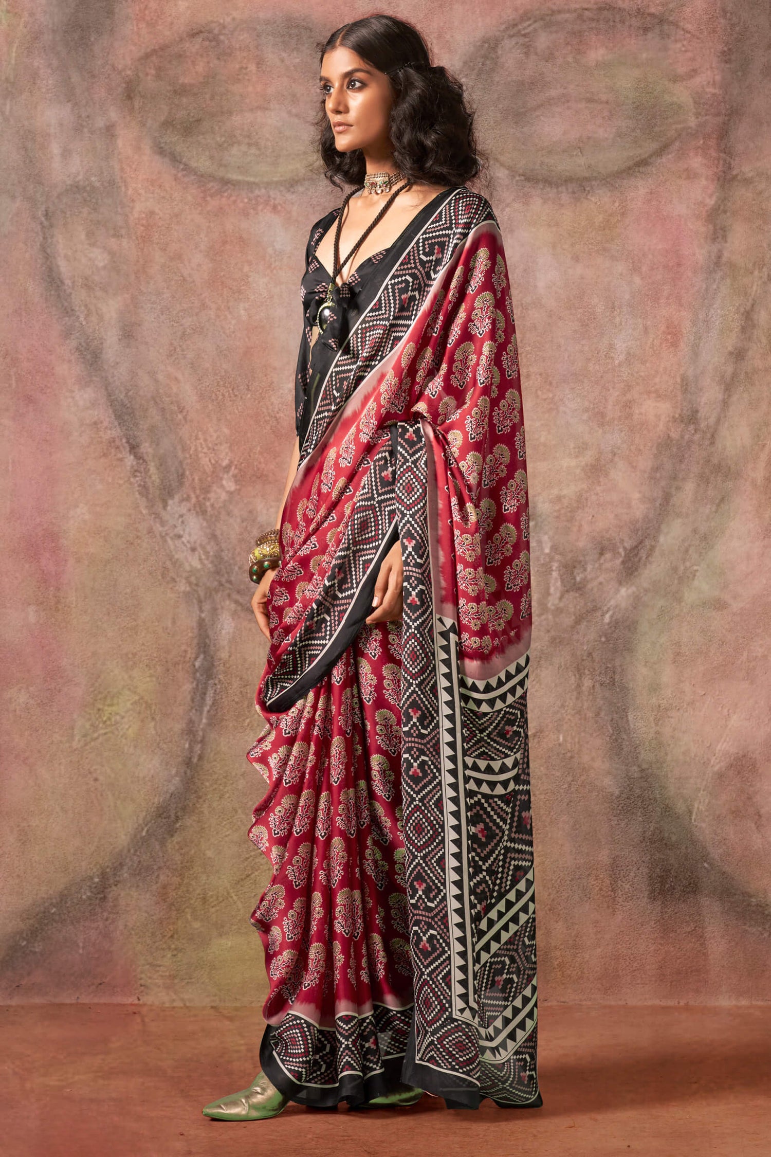 Demesne Red Ajrakh Printed Satin Silk Saree With Embrocation Blouse Piece