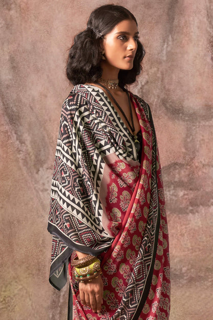 Demesne Red Ajrakh Printed Satin Silk Saree With Embrocation Blouse Piece