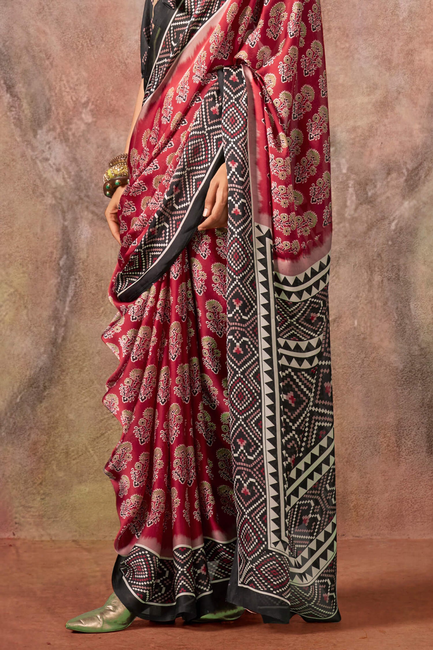 Demesne Red Ajrakh Printed Satin Silk Saree With Embrocation Blouse Piece