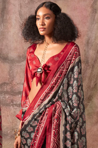 Desuetude Black Ajrakh Printed Satin Silk Saree With Glorious Blouse Piece
