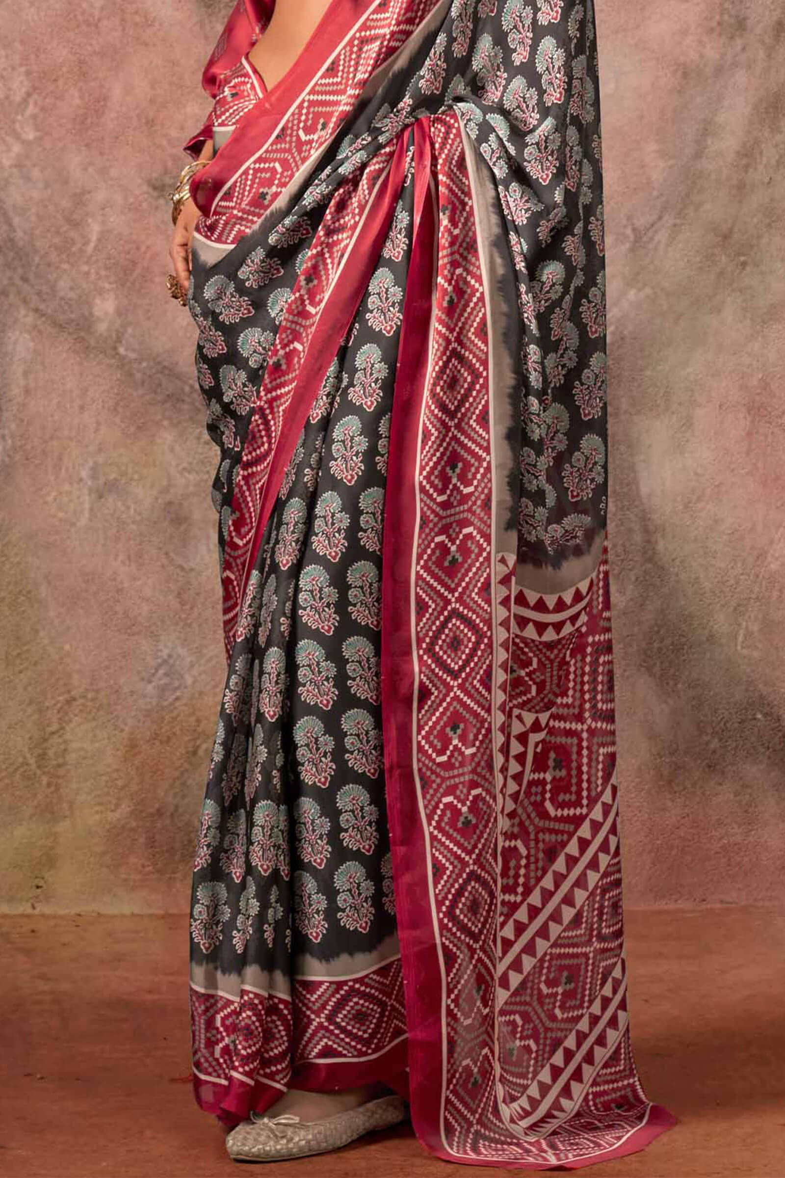 Desuetude Black Ajrakh Printed Satin Silk Saree With Glorious Blouse Piece
