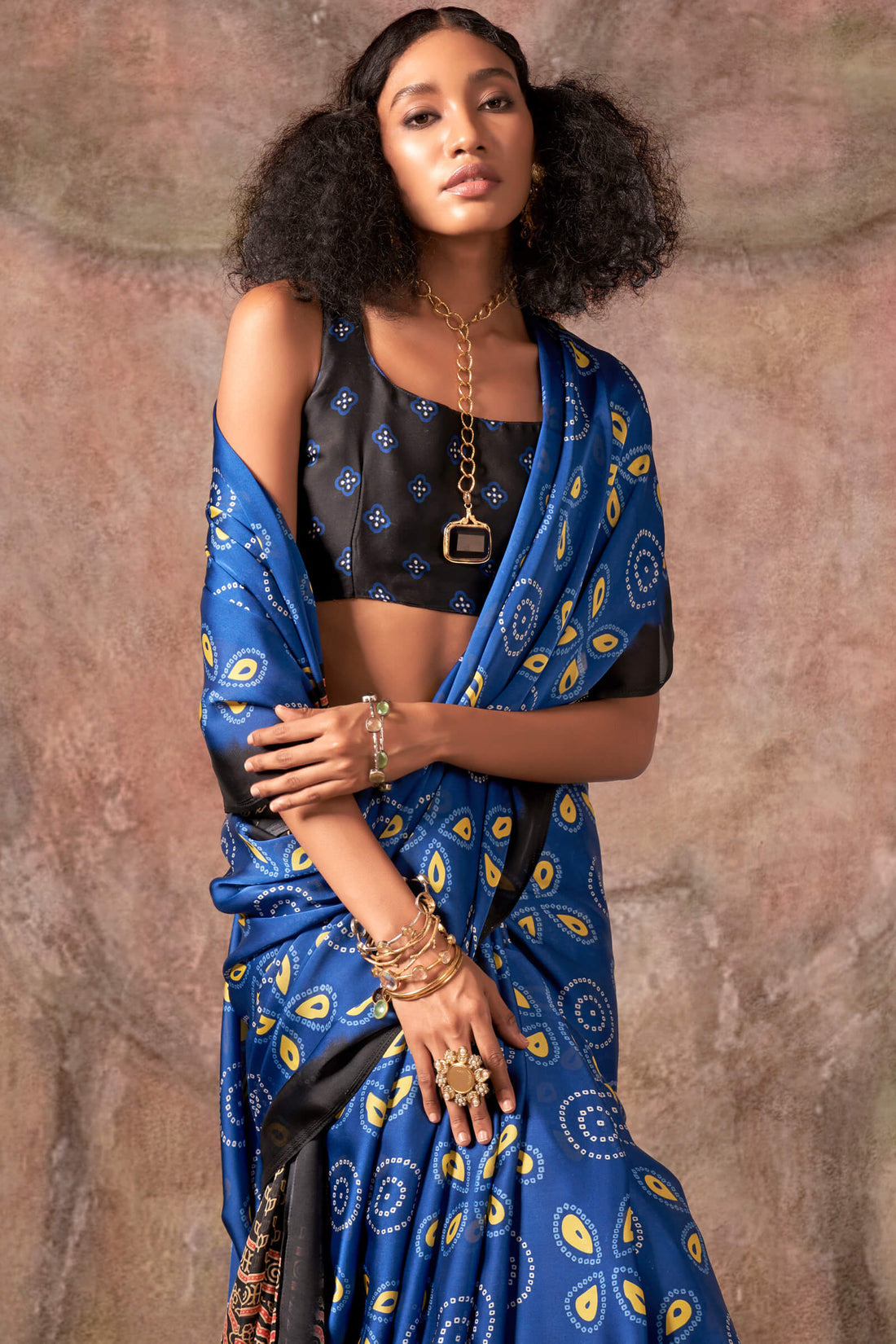 Jazzy Royal Blue Ajrakh Printed Satin Silk Saree With Captivating Blouse Piece
