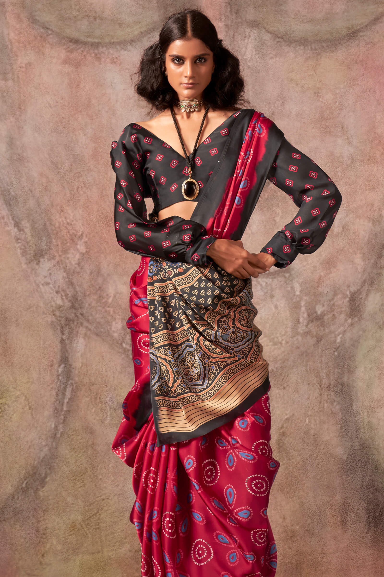 Mesmerising Maroon Ajrakh Printed Satin Silk Saree With Palimpsest Blouse Piece