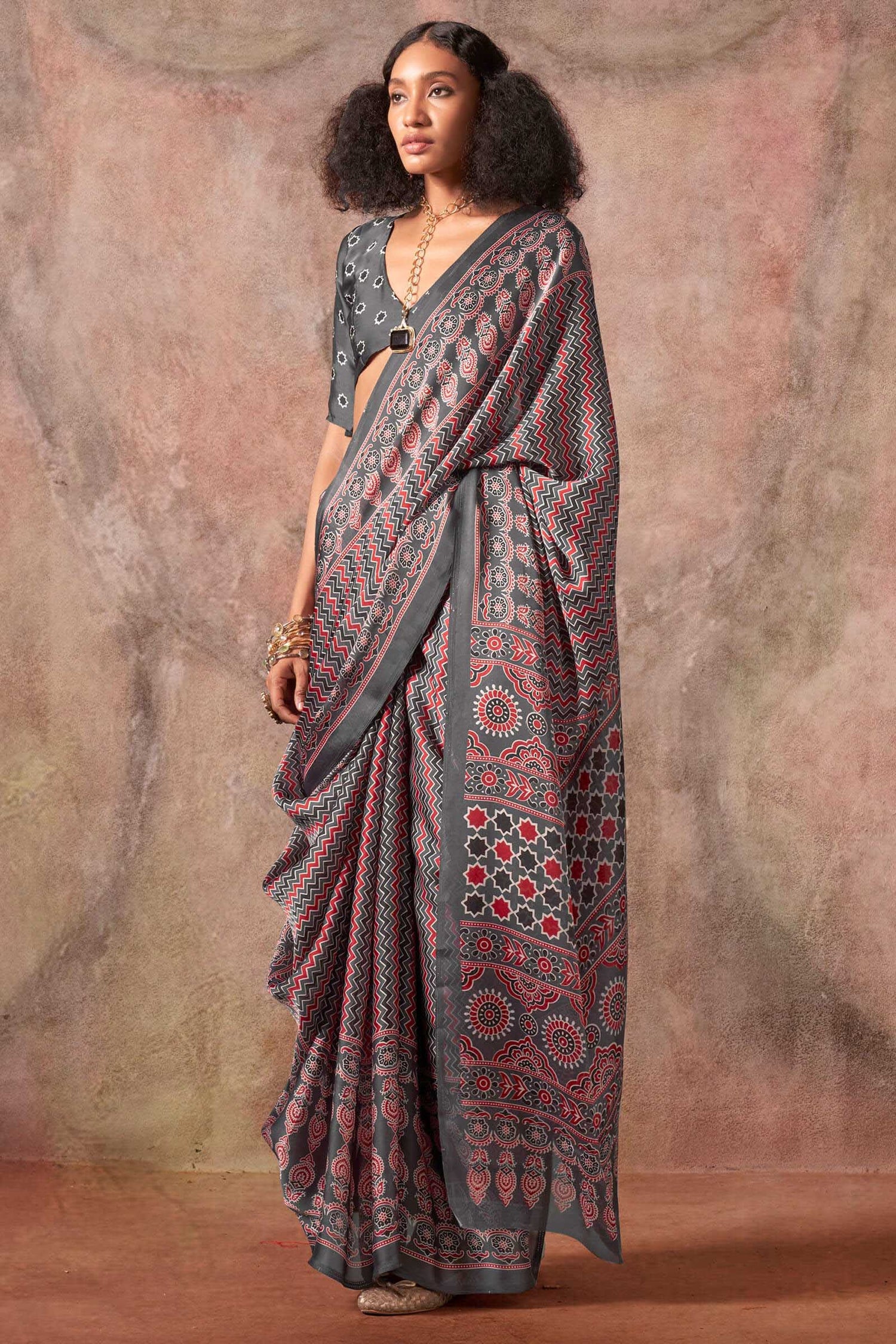 Susurrous Grey Ajrakh Printed Satin Silk Saree With Blissful Blouse Piece