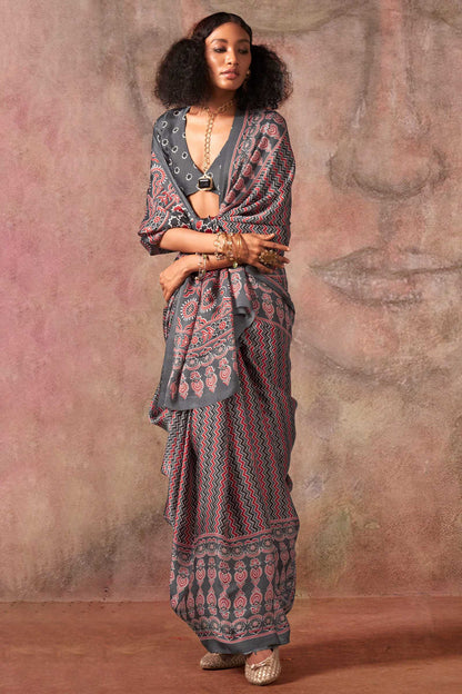 Susurrous Grey Ajrakh Printed Satin Silk Saree With Blissful Blouse Piece