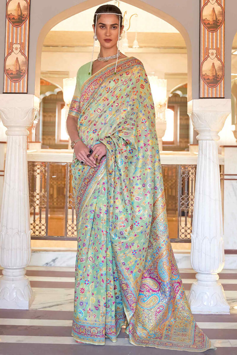 Mesmeric Pista Pashmina saree With Hypnotic Blouse Piece