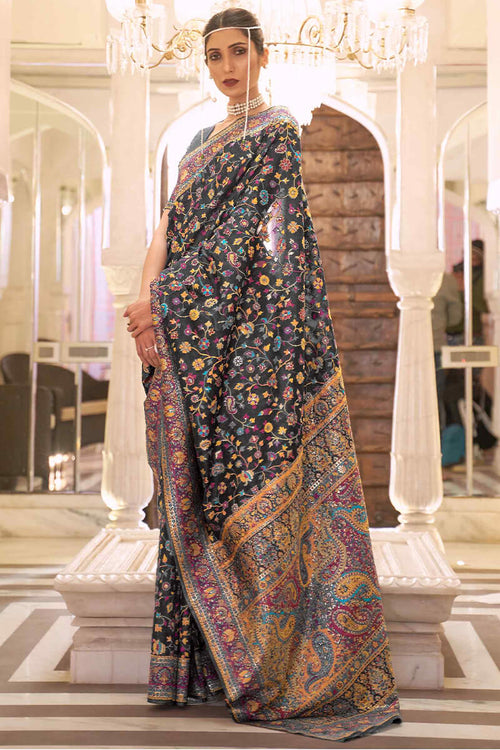 Load image into Gallery viewer, Excellent Black Pashmina saree With Assemblage Blouse Piece
