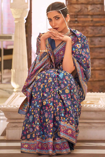 Devastating Navy Blue Pashmina saree With Gratifying Blouse Piece