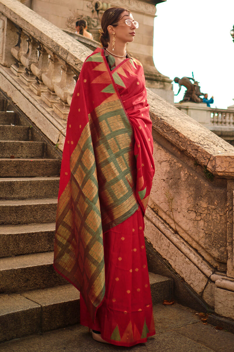 Outstanding Red Soft Banarasi Silk Saree With Girlish Blouse Piece