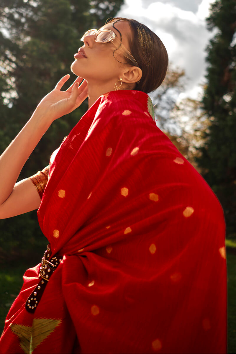 Outstanding Red Soft Banarasi Silk Saree With Girlish Blouse Piece