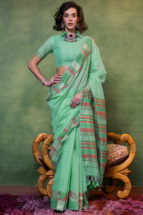 Load image into Gallery viewer, Trendy Sea Green Cotton Silk Saree With Sizzling Blouse Piece
