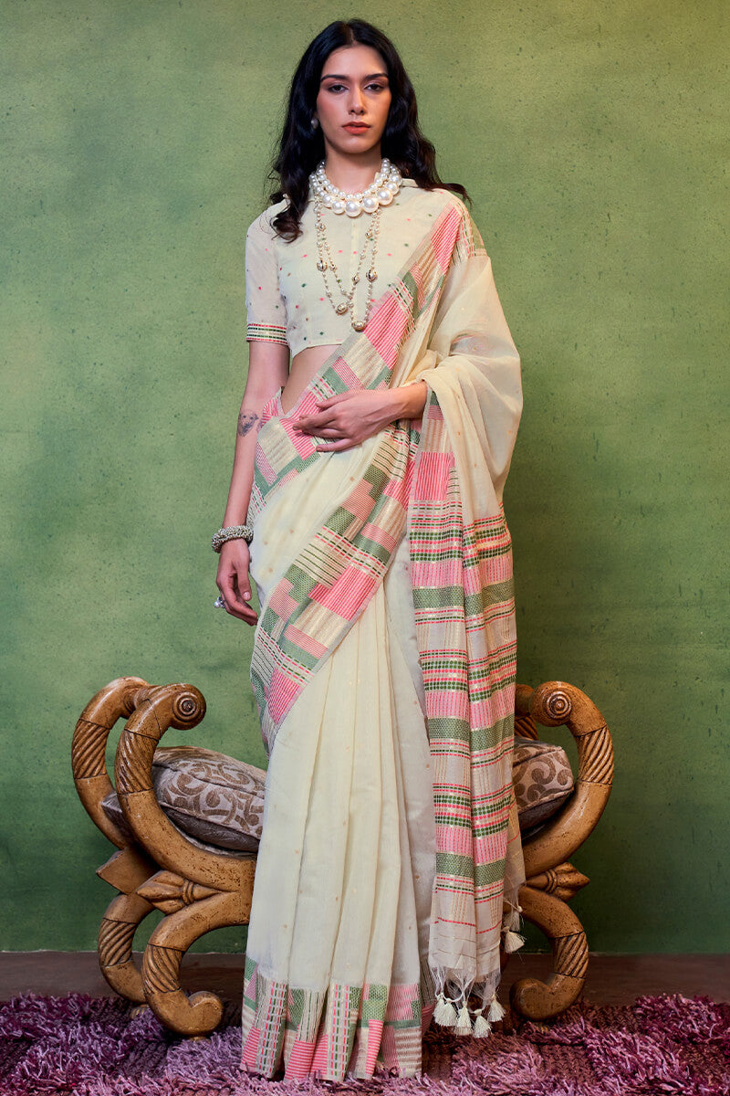 Unique Beige Cotton Silk Saree With Intricate Blouse Piece