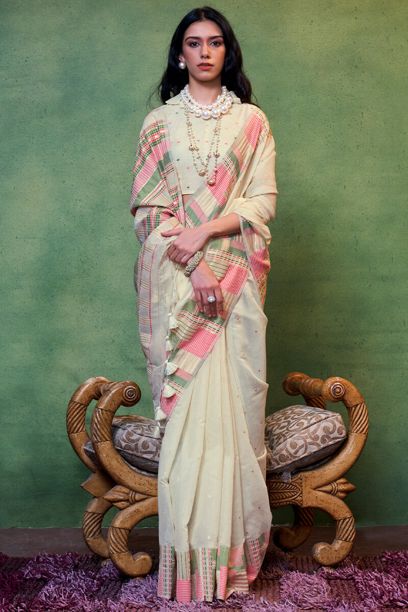 Unique Beige Cotton Silk Saree With Intricate Blouse Piece