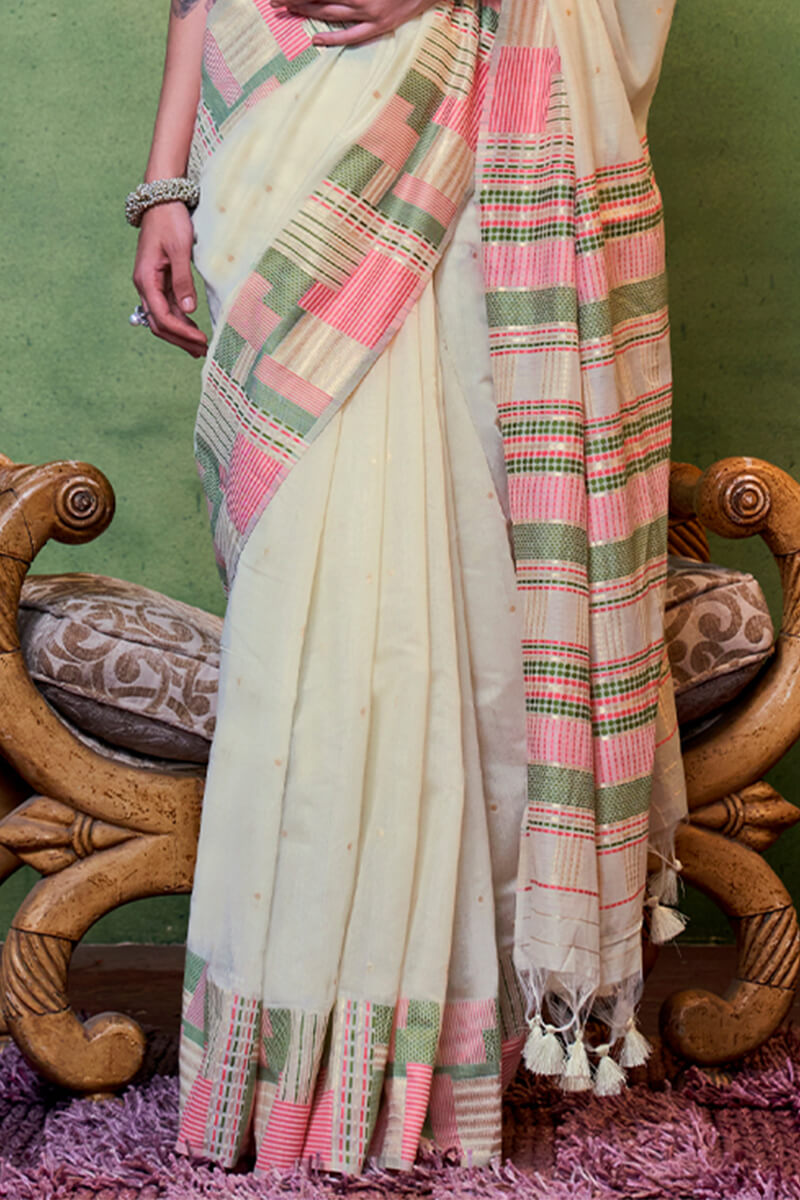 Unique Beige Cotton Silk Saree With Intricate Blouse Piece