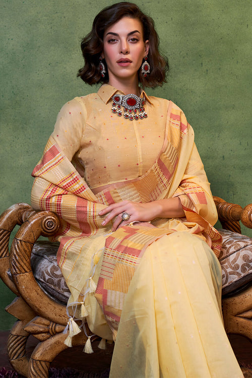 Load image into Gallery viewer, Engrossing Yellow Cotton Silk Saree With Prominent Blouse Piece
