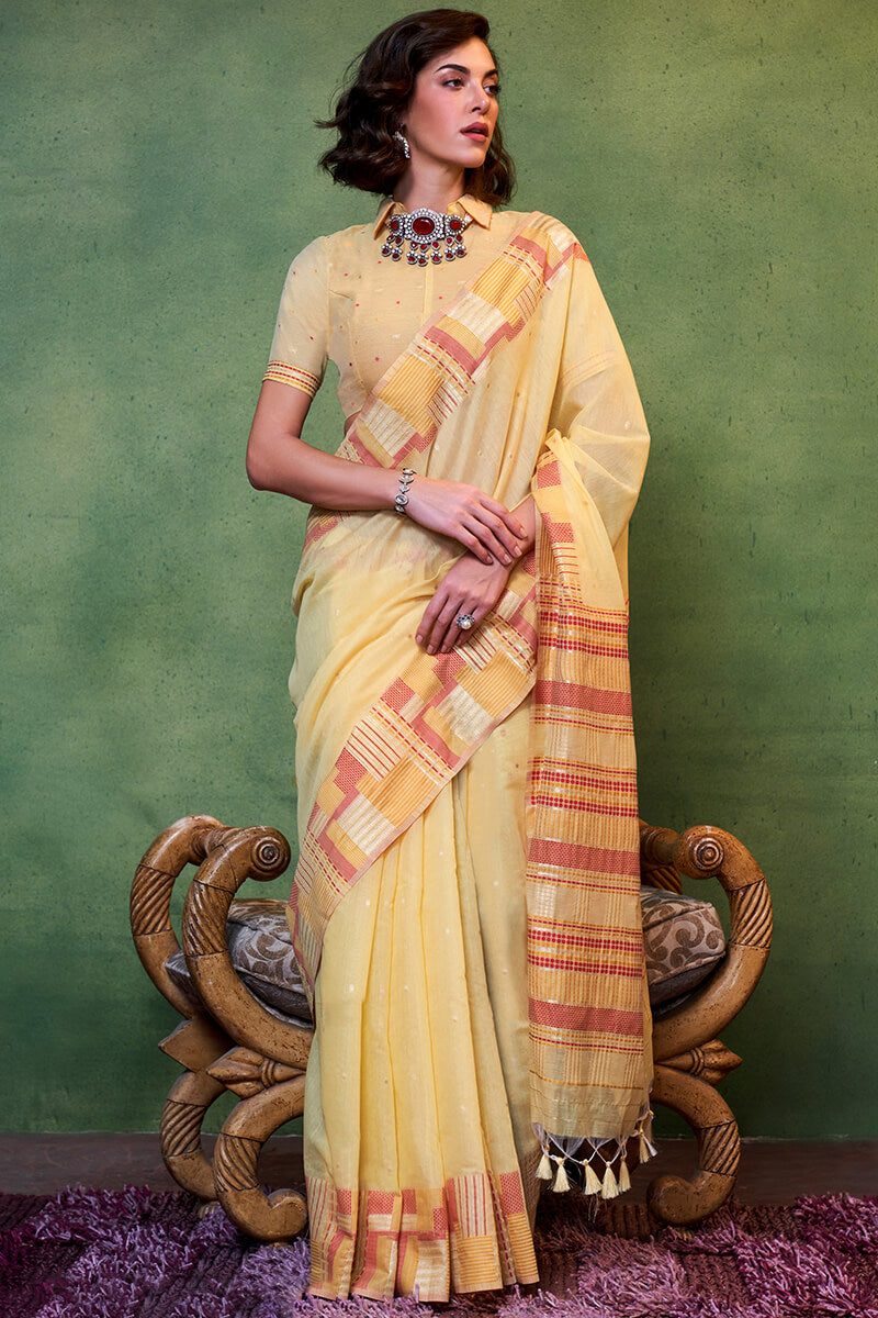 Engrossing Yellow Cotton Silk Saree With Prominent Blouse Piece