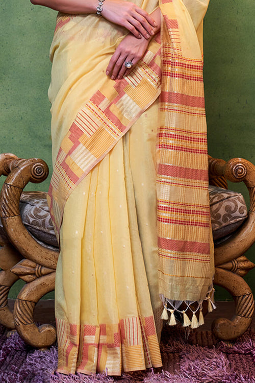 Load image into Gallery viewer, Engrossing Yellow Cotton Silk Saree With Prominent Blouse Piece
