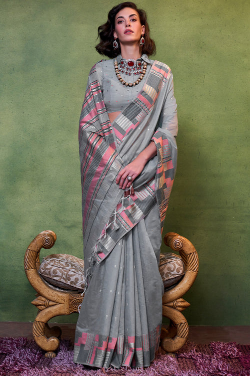 Load image into Gallery viewer, Entrancing Grey Cotton Silk Saree With Adoring Blouse Piece
