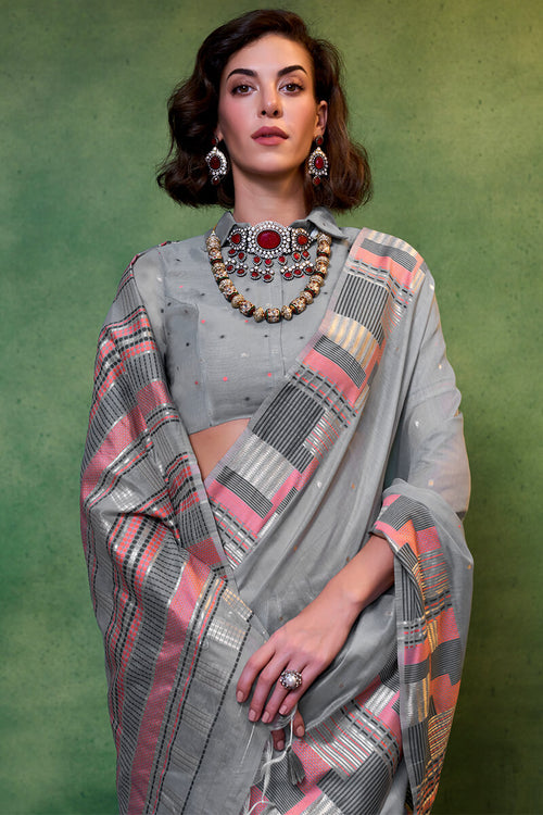 Load image into Gallery viewer, Entrancing Grey Cotton Silk Saree With Adoring Blouse Piece
