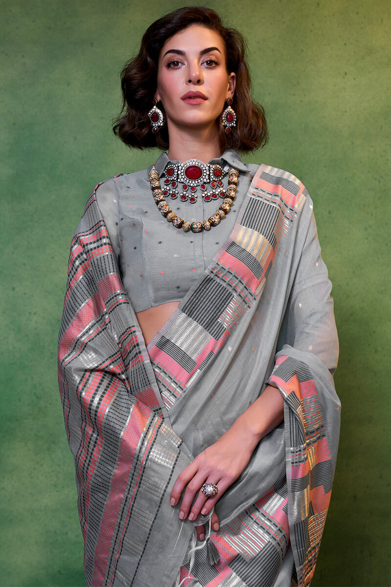 Entrancing Grey Cotton Silk Saree With Adoring Blouse Piece