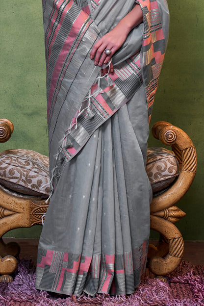 Entrancing Grey Cotton Silk Saree With Adoring Blouse Piece