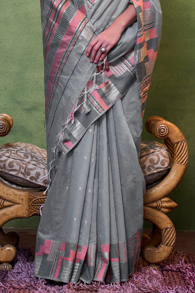 Entrancing Grey Cotton Silk Saree With Adoring Blouse Piece