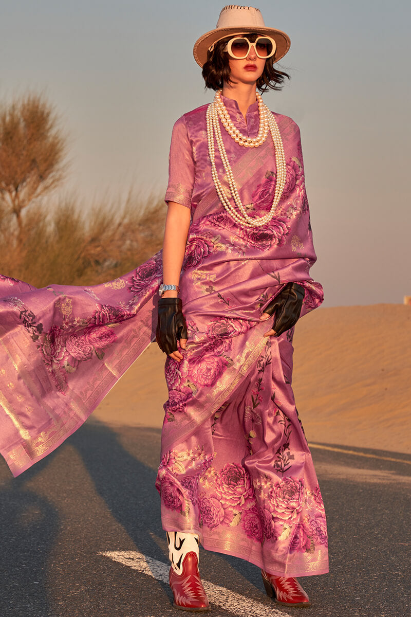 Amiable Purple Digital Printed Tussar Silk Saree With Seraglio Blouse Piece