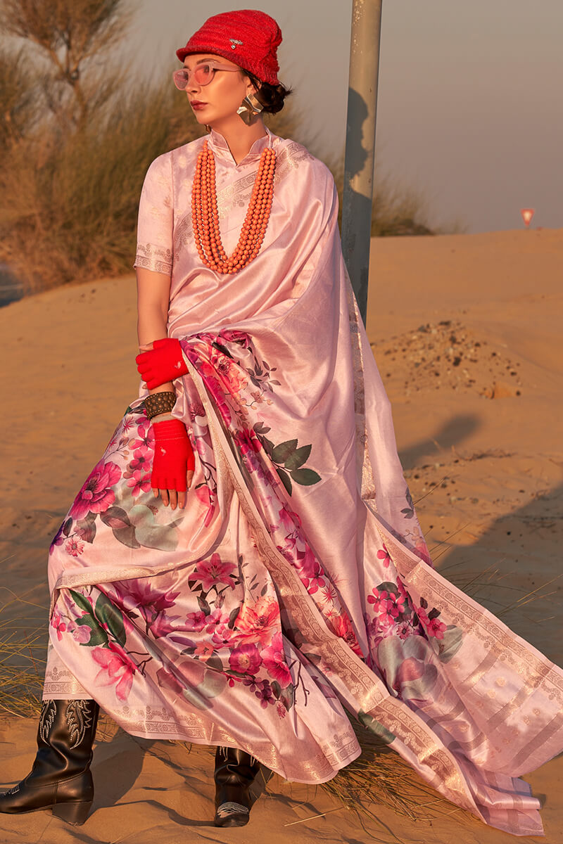 Murmurous Baby Pink Digital Printed Tussar Silk Saree With Elision Blouse Piece