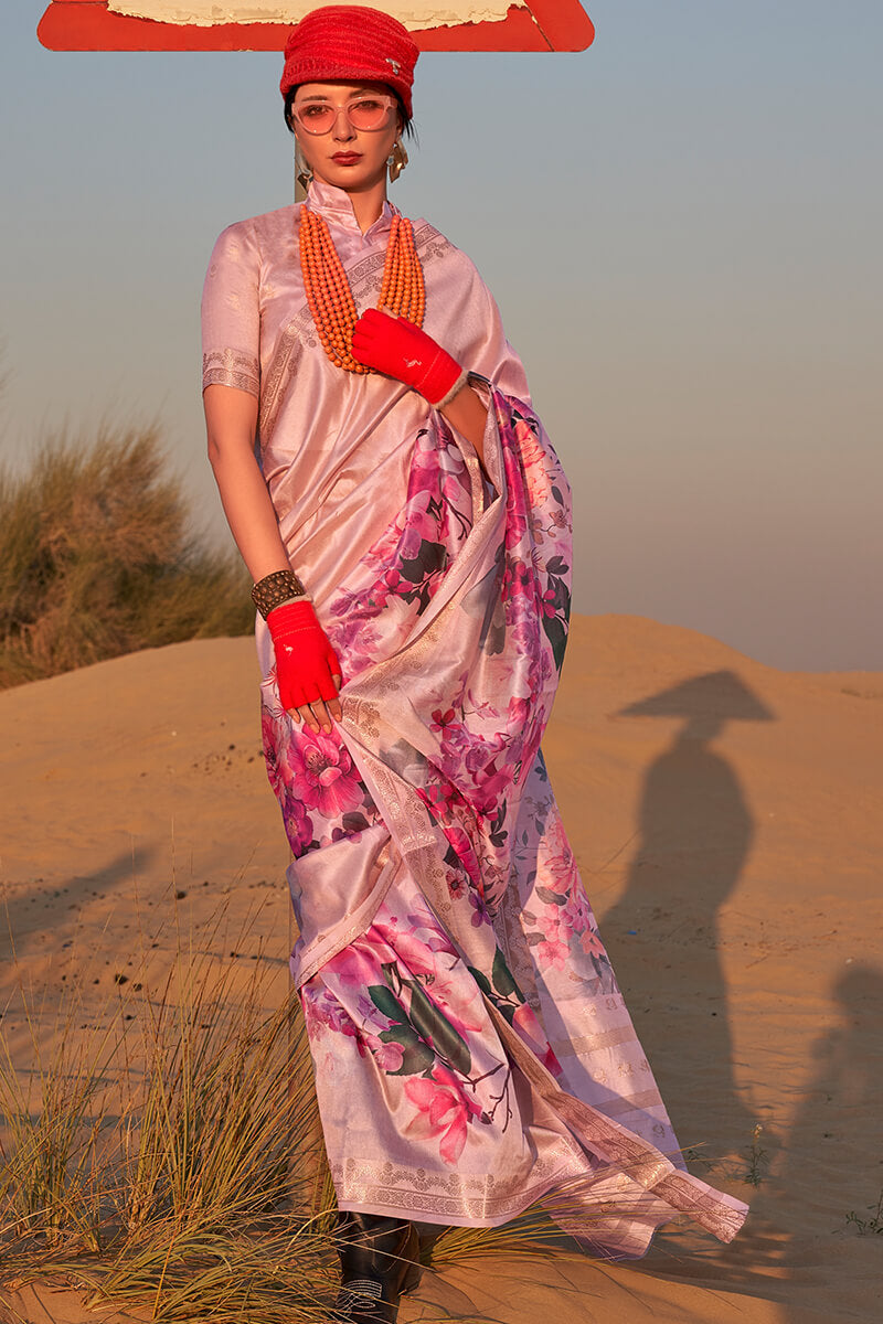 Murmurous Baby Pink Digital Printed Tussar Silk Saree With Elision Blouse Piece