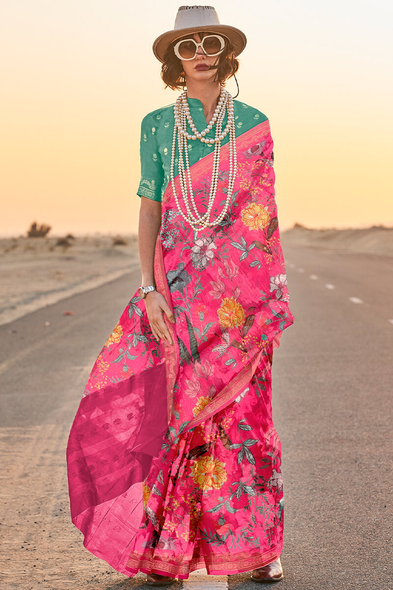 Brood Dark Pink Digital Printed Tussar Silk Saree With Divine Blouse Piece