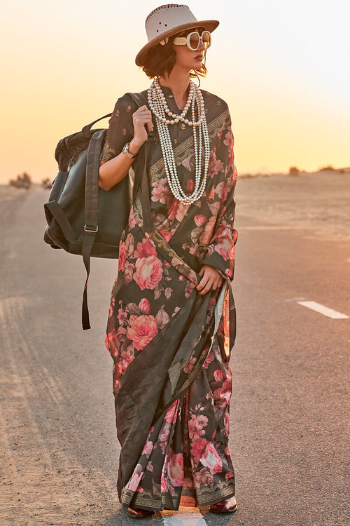 Load image into Gallery viewer, Exquisite Black Digital Printed Tussar Silk Saree With Groovy Blouse Piece
