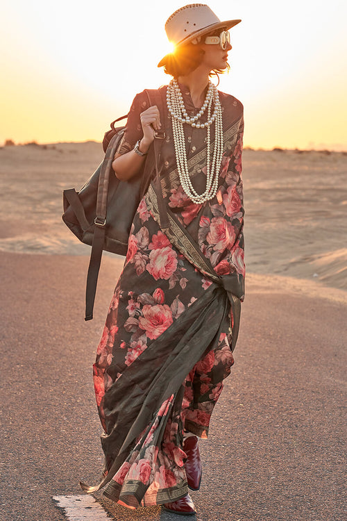 Load image into Gallery viewer, Exquisite Black Digital Printed Tussar Silk Saree With Groovy Blouse Piece
