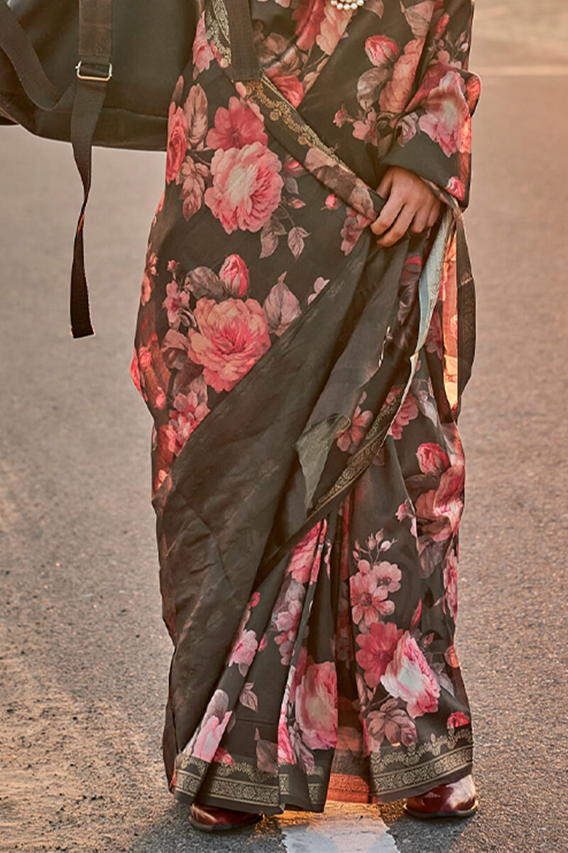 Exquisite Black Digital Printed Tussar Silk Saree With Groovy Blouse Piece