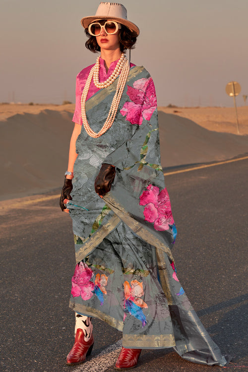 Load image into Gallery viewer, Surpassing Grey Digital Printed Tussar Silk Saree With Intricate Blouse Piece
