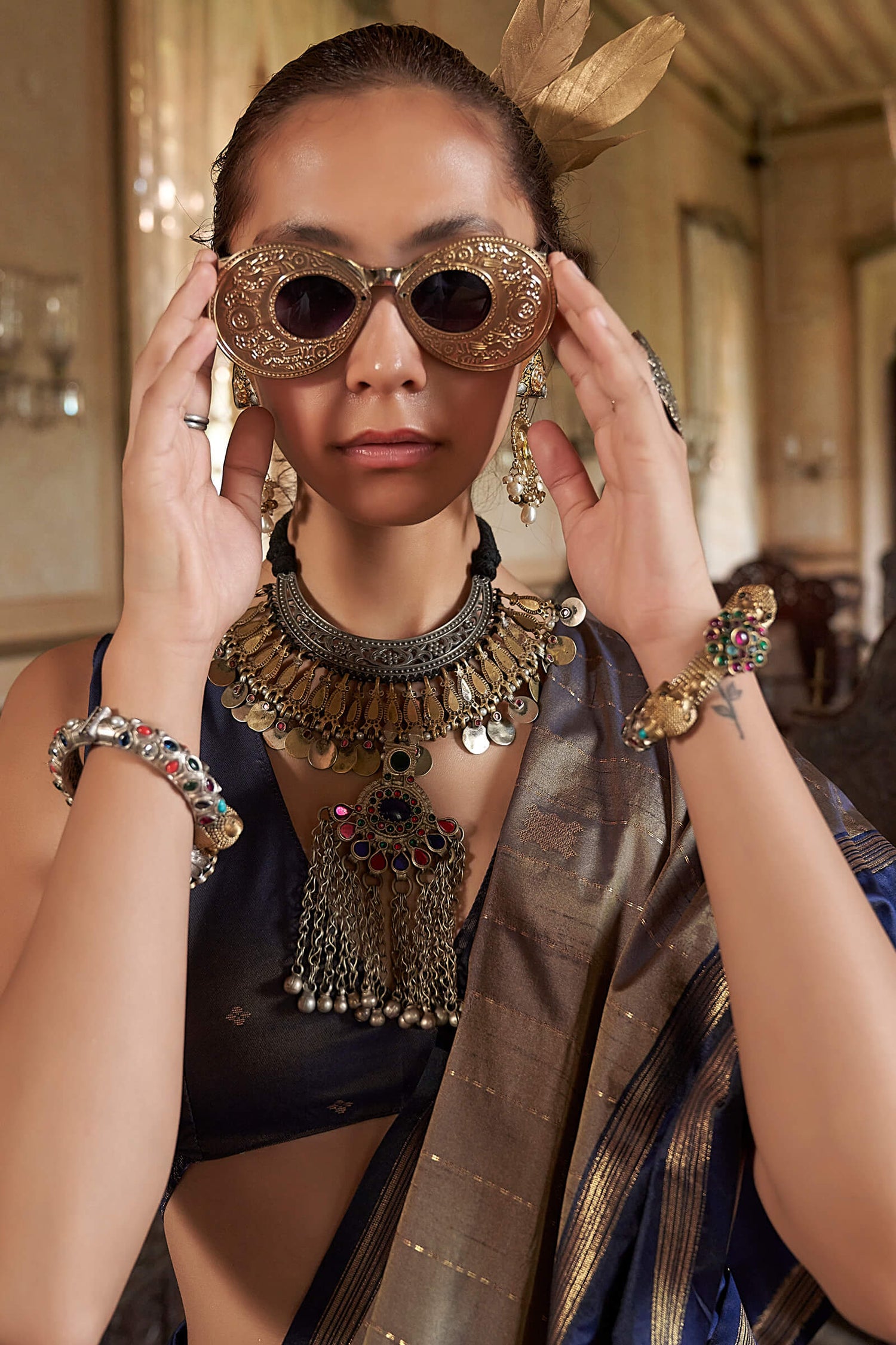 Adorning Golden Banarasi Tussar Silk Saree With Ethereal Blouse Piece