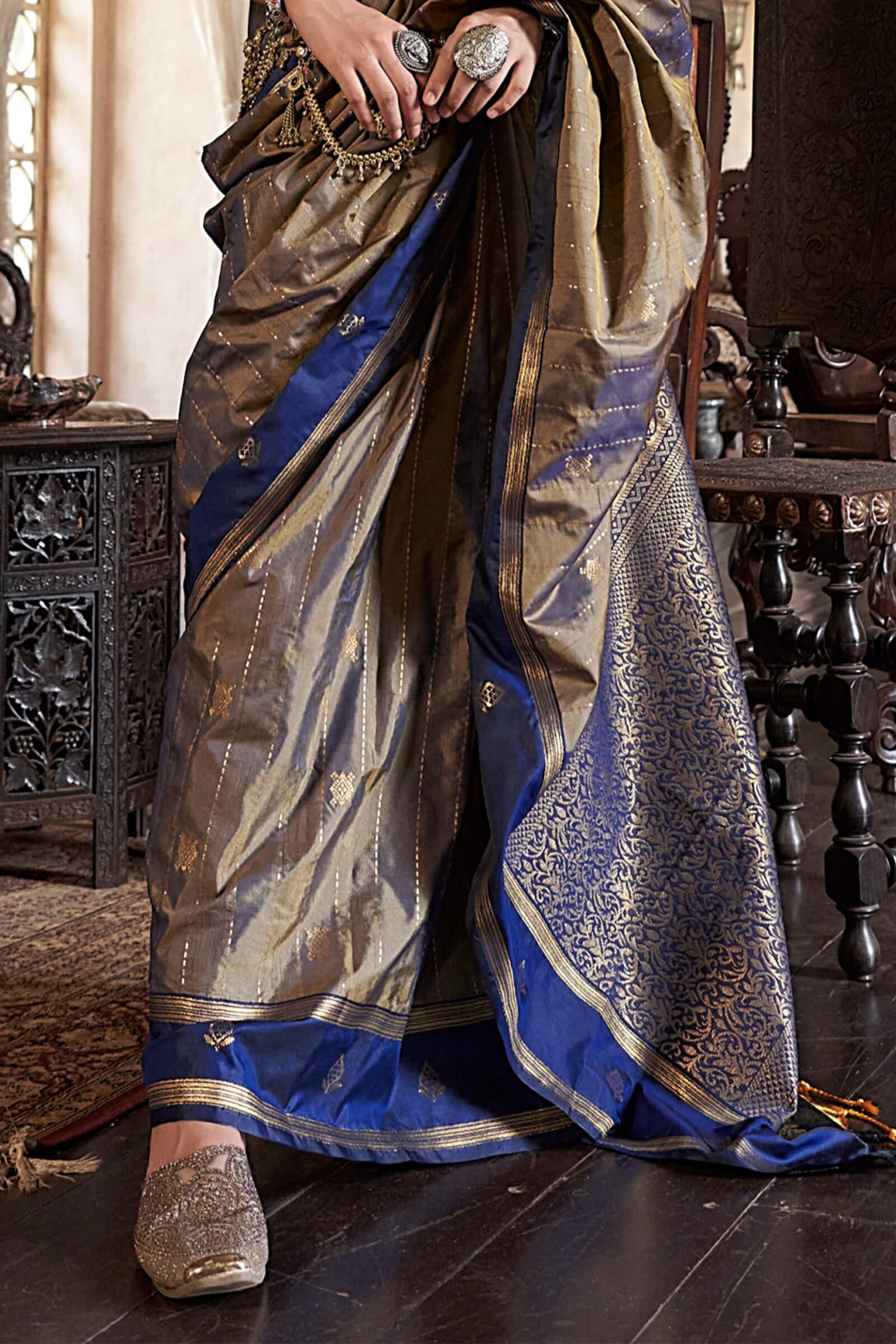 Adorning Golden Banarasi Tussar Silk Saree With Ethereal Blouse Piece