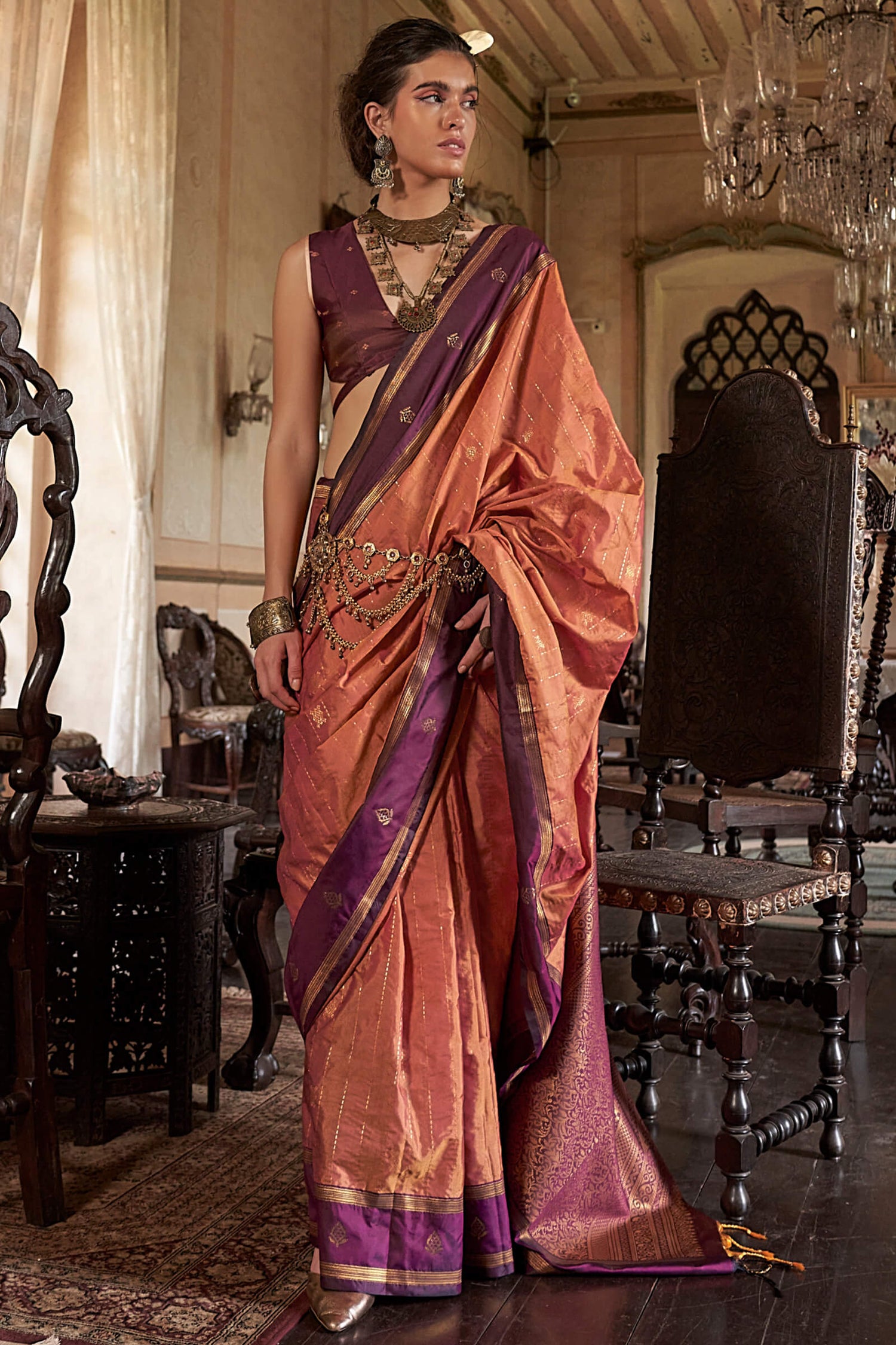 Efflorescence Peach Banarasi Tussar Silk Saree With Seraphic Blouse Piece