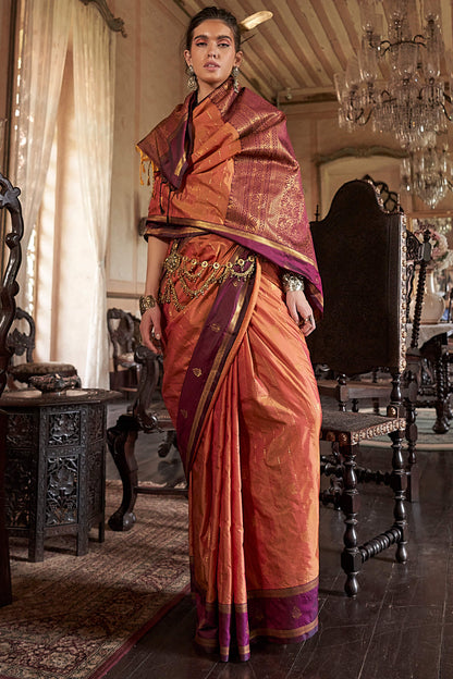 Efflorescence Peach Banarasi Tussar Silk Saree With Seraphic Blouse Piece