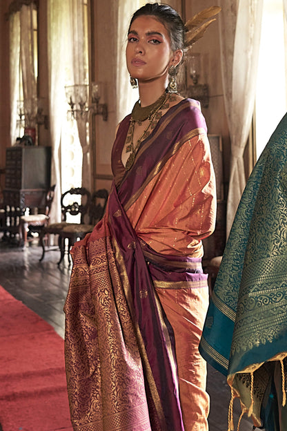 Efflorescence Peach Banarasi Tussar Silk Saree With Seraphic Blouse Piece