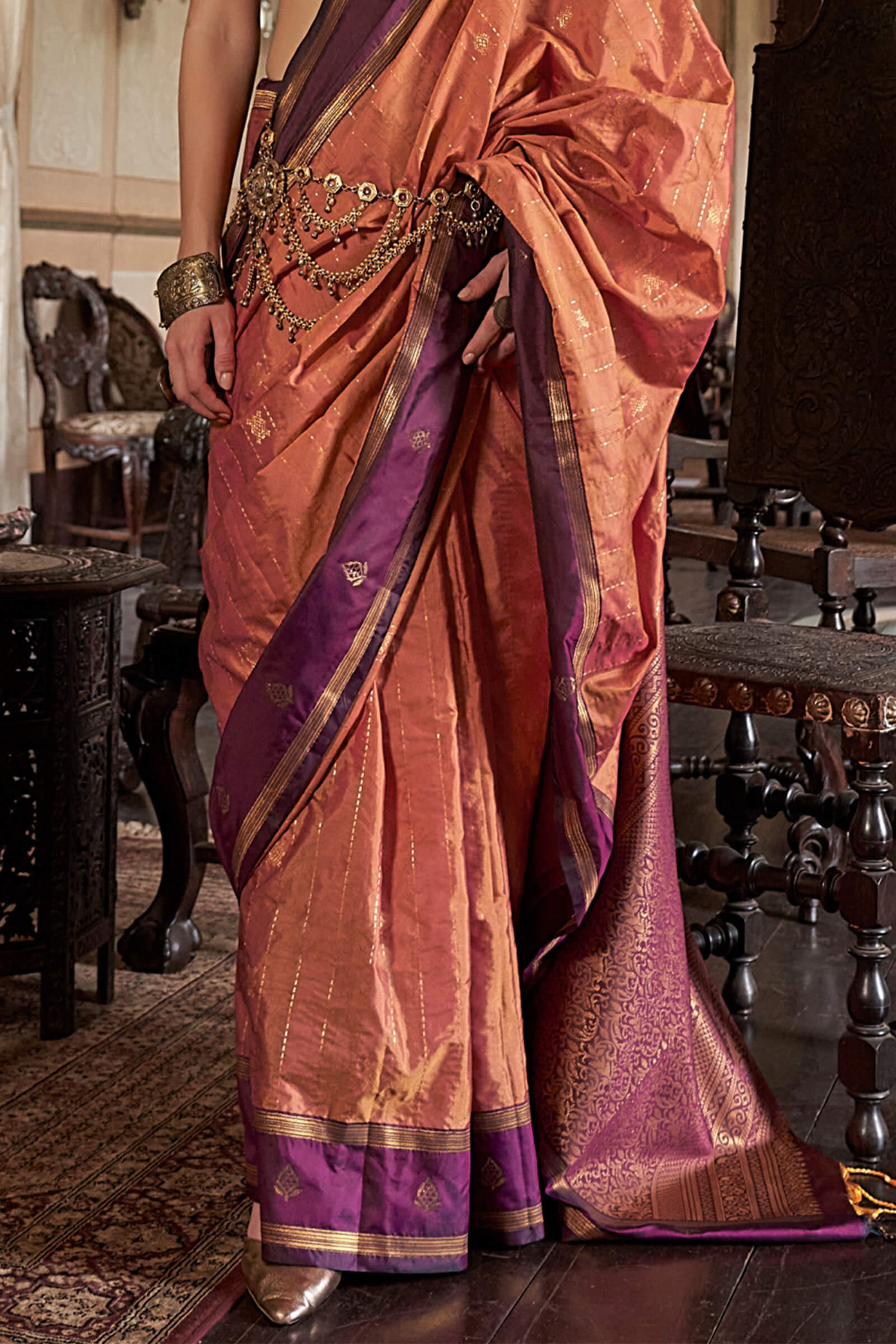 Efflorescence Peach Banarasi Tussar Silk Saree With Seraphic Blouse Piece