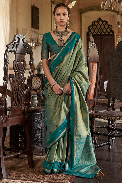 Alluring Green Banarasi Tussar Silk Saree With Surreptitious Blouse Piece