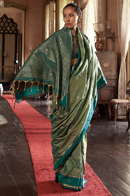 Alluring Green Banarasi Tussar Silk Saree With Surreptitious Blouse Piece